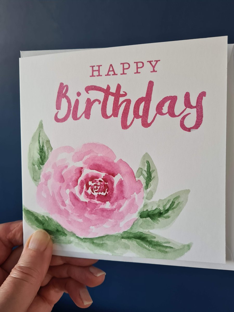 Rose flower birthday card handpainted watercolour