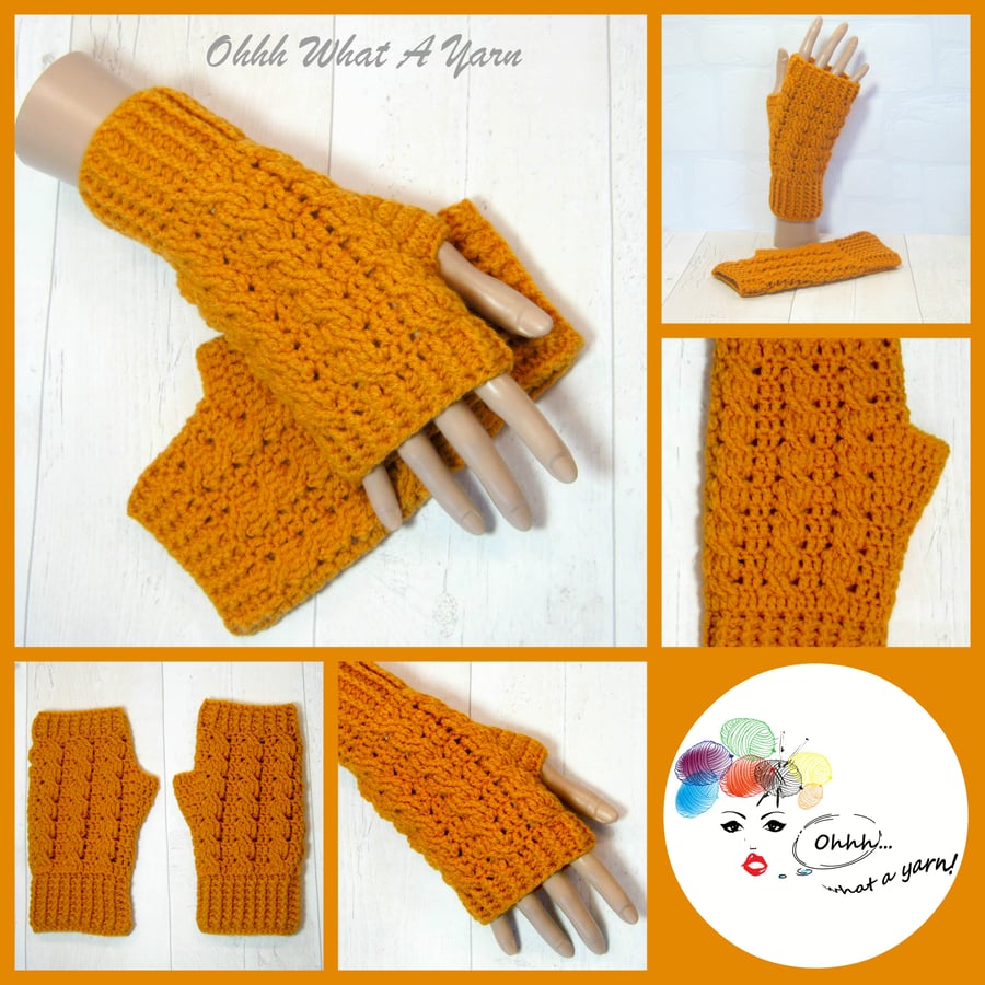 Gold, mustard cable ladies crochet gloves, finger less gloves. Texting mitts.