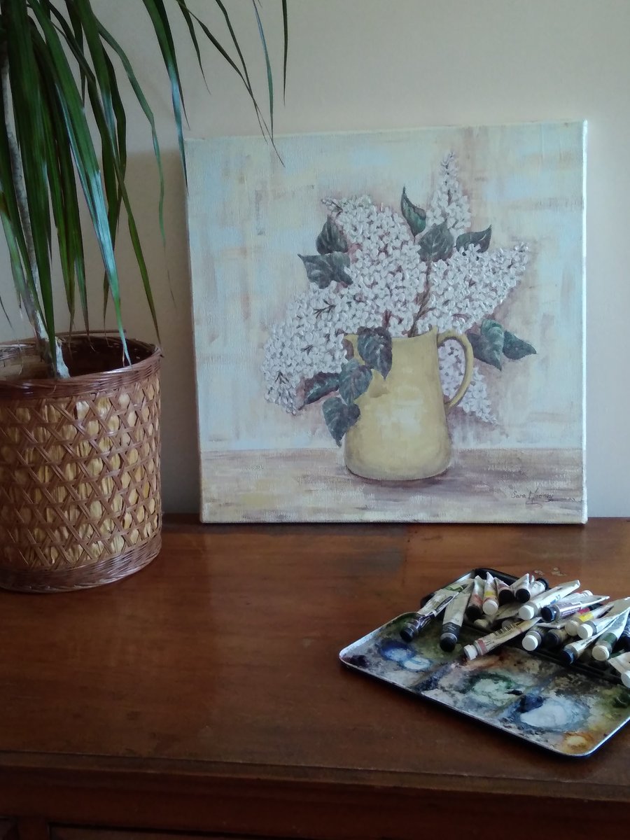 White and pink lilac painting in yellow pottery jug on canvas