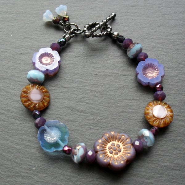 Purple and Blue Czech Glass Flower Bracelet Black Tone
