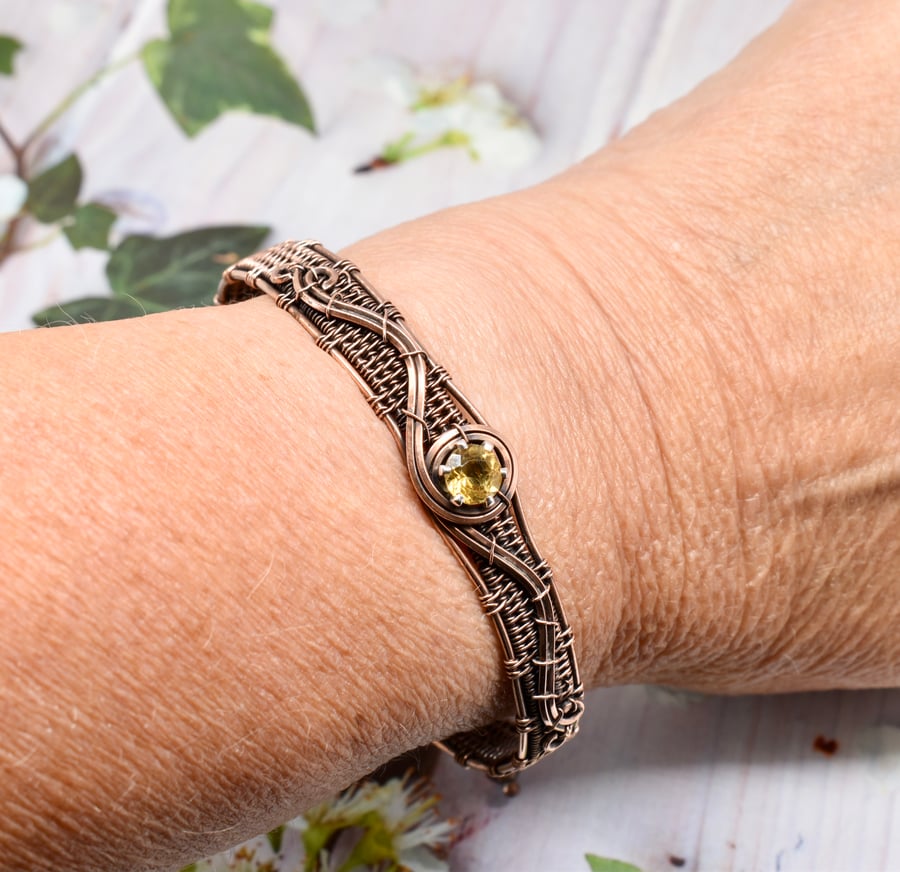 Wire Woven Citrine and Copper Cuff Style Bracelet