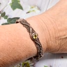 Wire Woven Citrine and Copper Cuff Style Bracelet