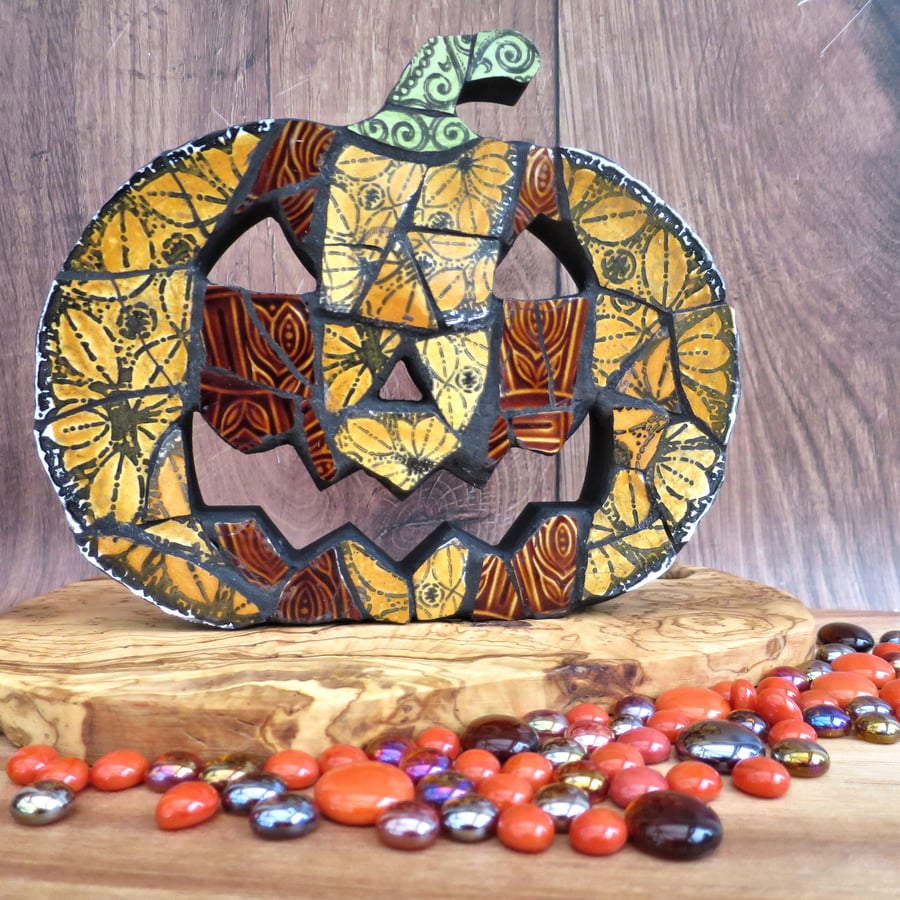 Vintage China Mosaic Pumpkin, Handmade Freestanding Halloween Decoration