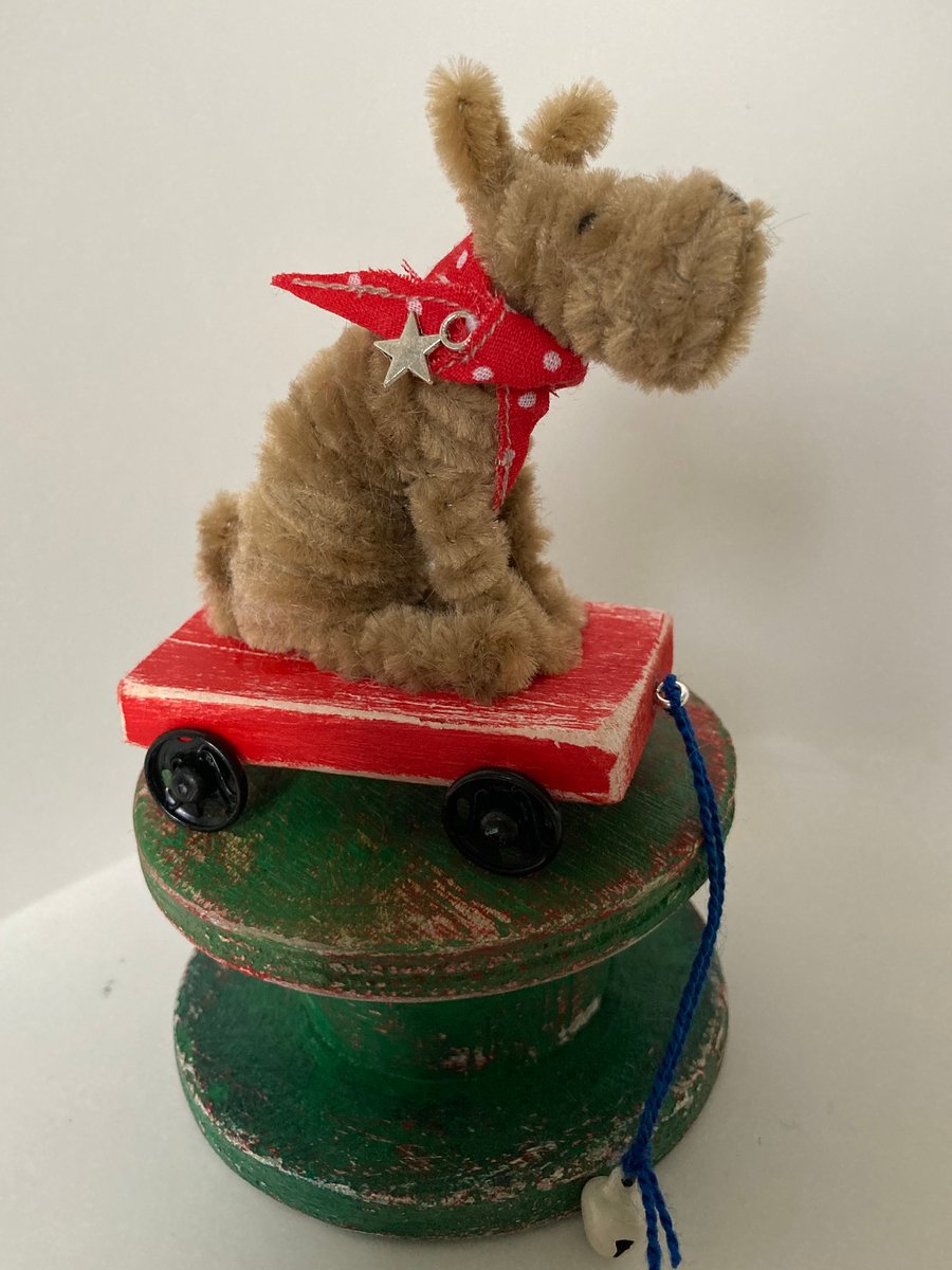 Miniature Terrier on a Pull Along Trolley - OOAK Handmade Sculptured Terrier. 