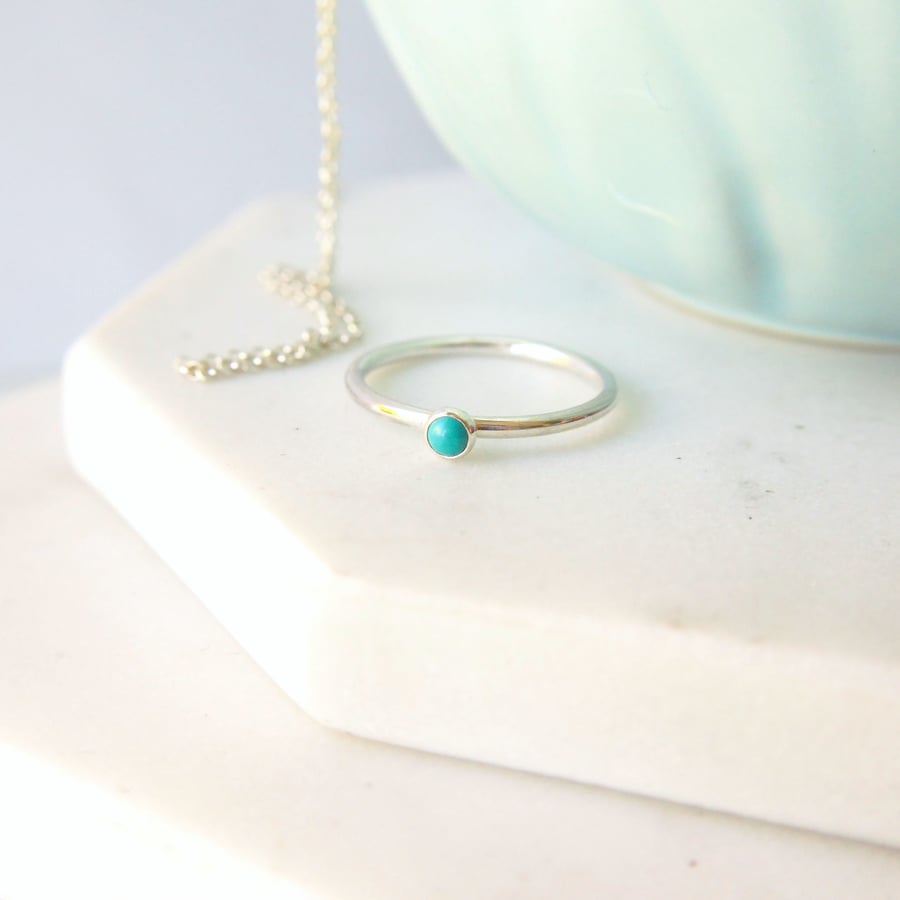Turquoise and Silver Gemstone Ring - 3mm Cabochon and Sterling Silver