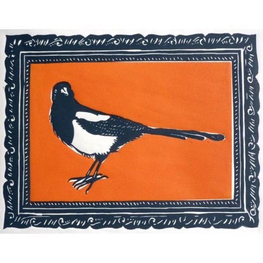 Original lino cut print "In the frame" in orange