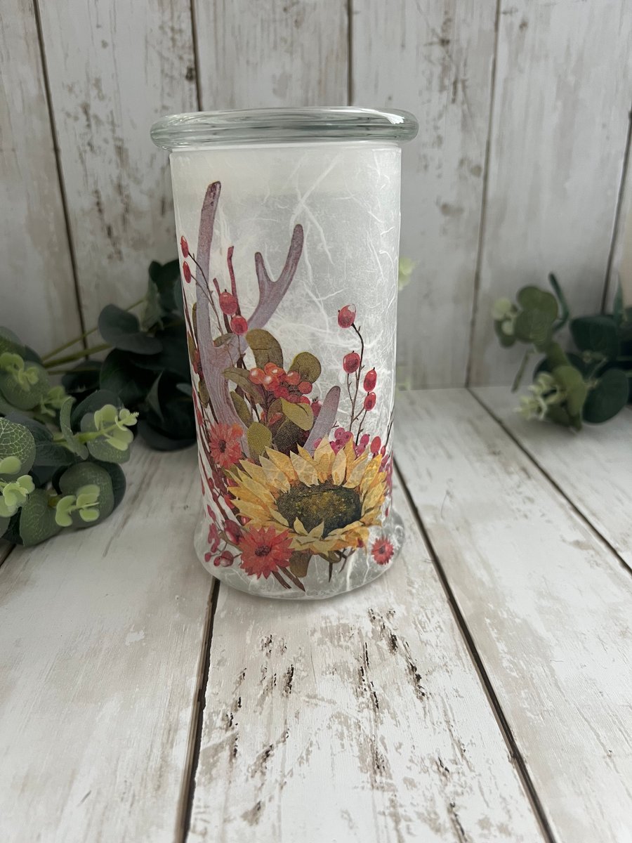Upcycled Glass Candle Jar: Vase, Storage Jar, Decoupage Autumn Sunflowers