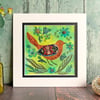 Textile picture, folk bird and flowers, fabric art, gift for bird lover