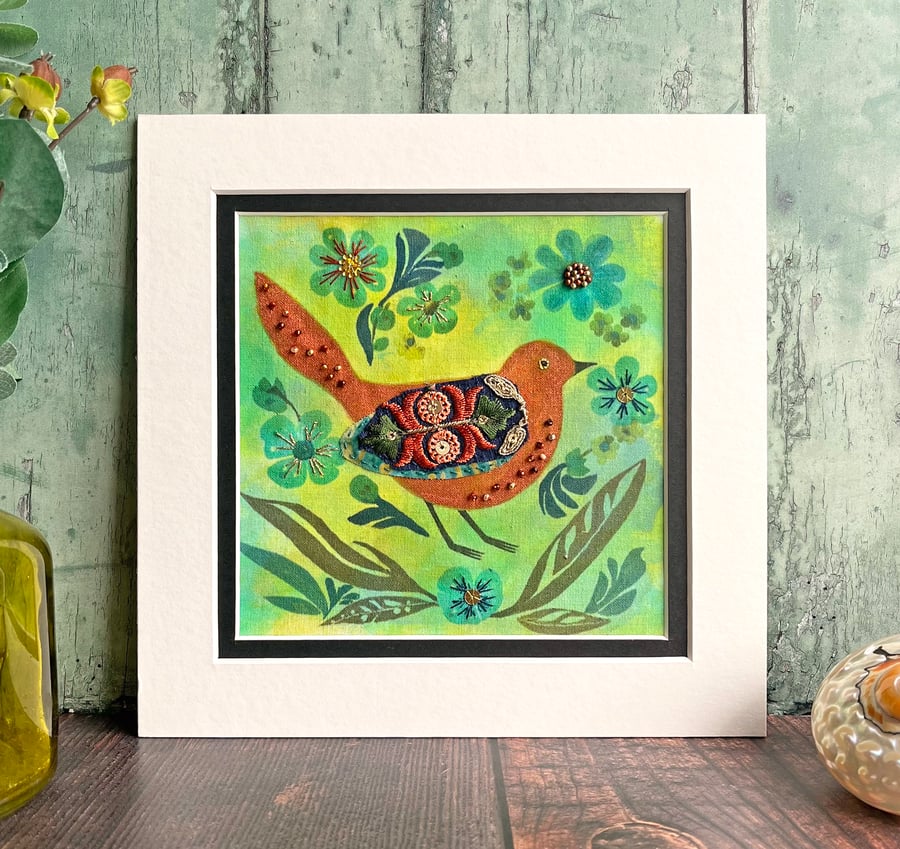 Textile picture, folk bird and flowers, fabric art, gift for bird lover