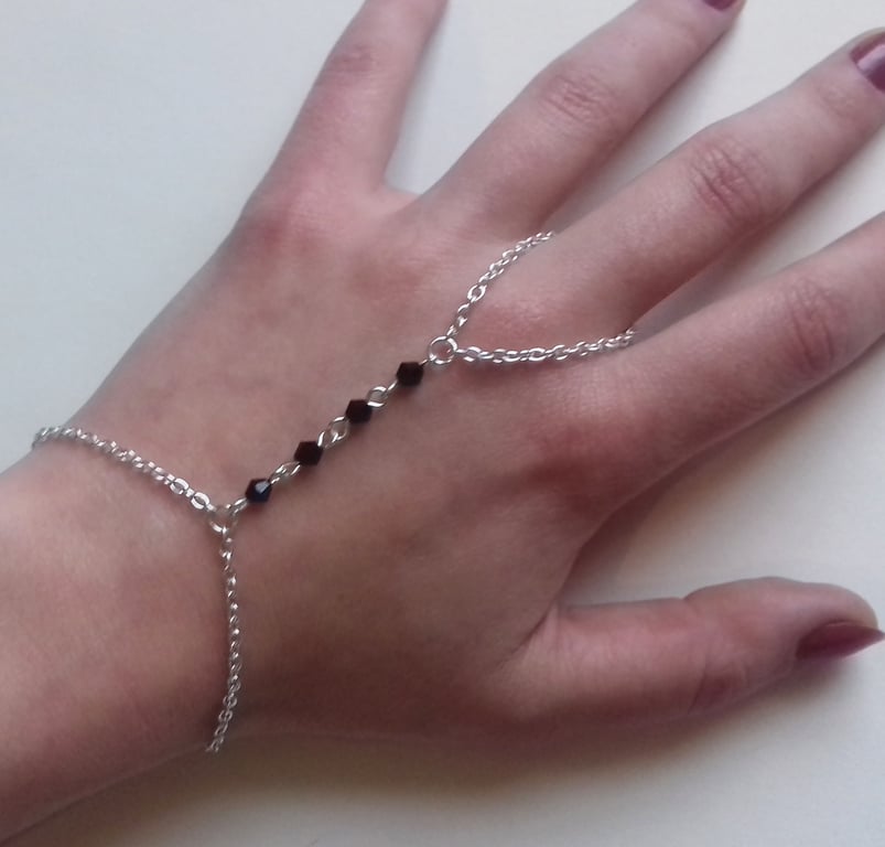 Silver Plate Gothic Black Crystal Hand Harness Slave Chain Bracelet