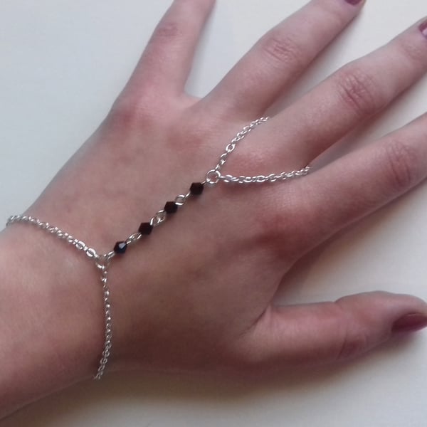 Silver Plate Gothic Black Crystal Hand Harness Slave Chain Bracelet