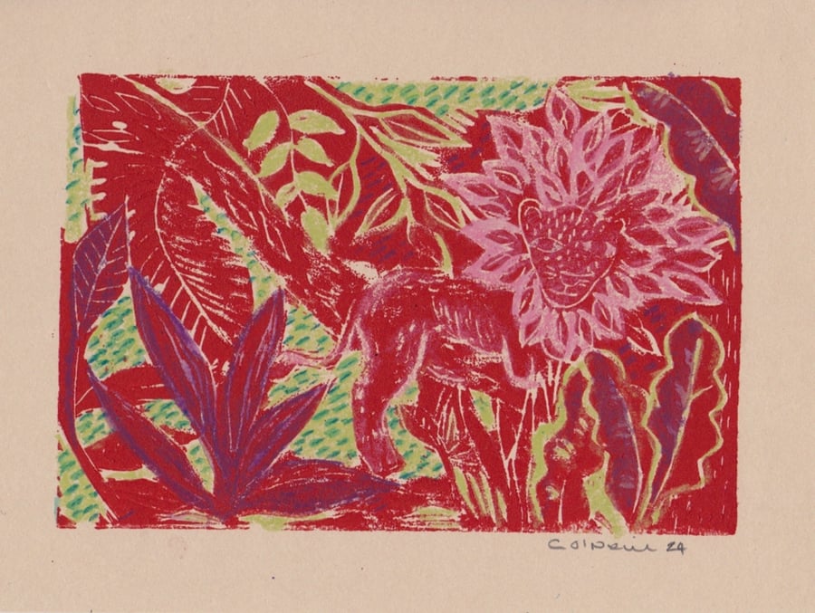 Leo the Lion with Pink Mane. - Original Lino Print 