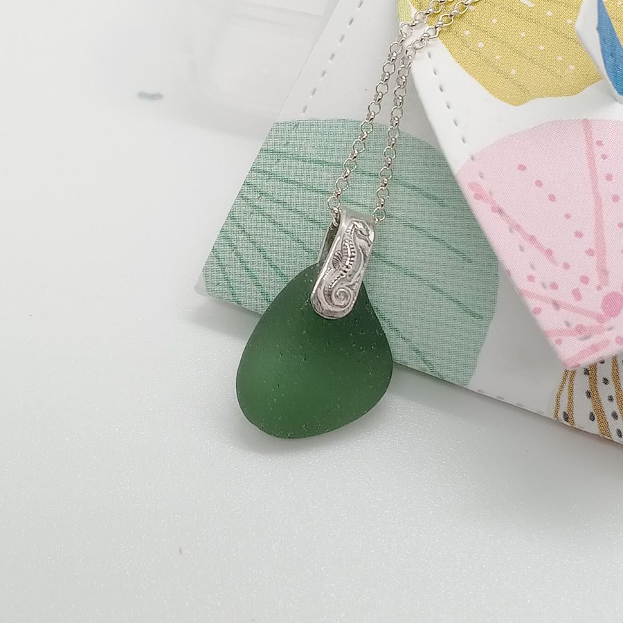 Seahorse necklace green seaham sea glass sterling silver