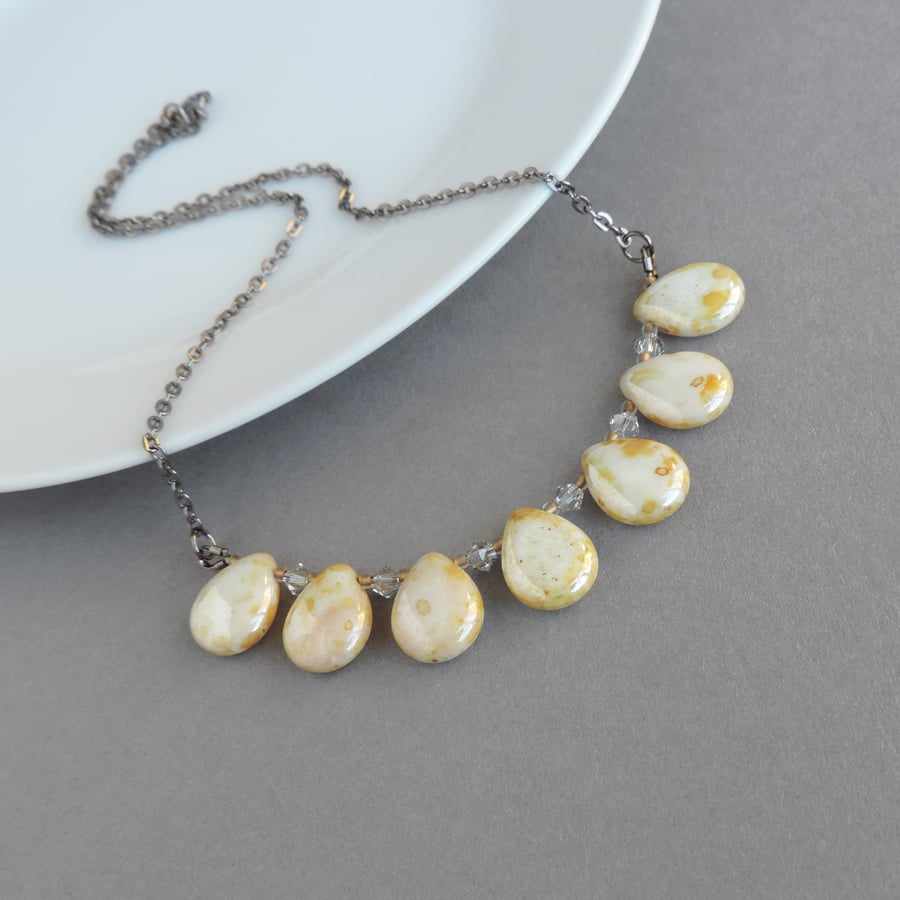 Cream and Gold Teardrop Fan Necklace - Ivory and Mustard Statement Jewellery