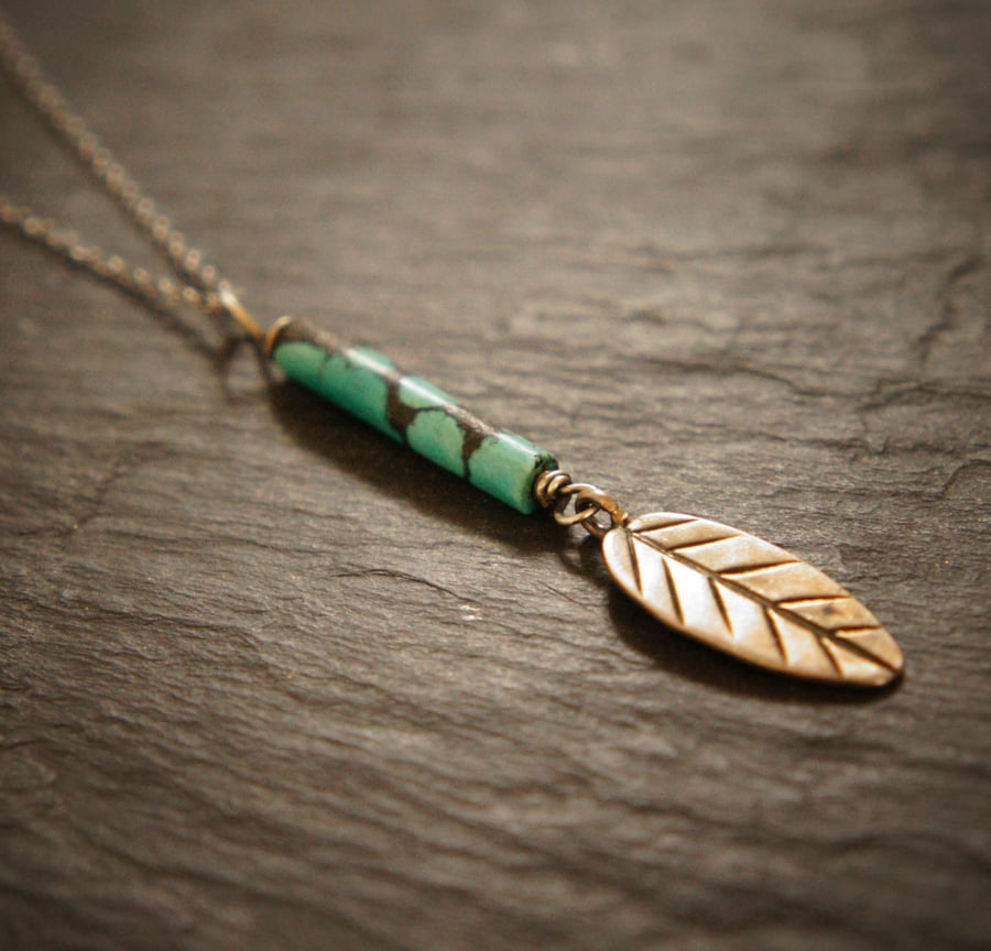 Teardrop Turquoise, Silver Feather and Sterling Silver Pendant