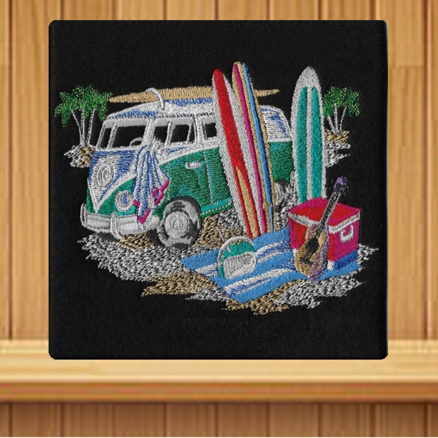 Handmade Campervan greetings card (with option to personalise) embroidered 