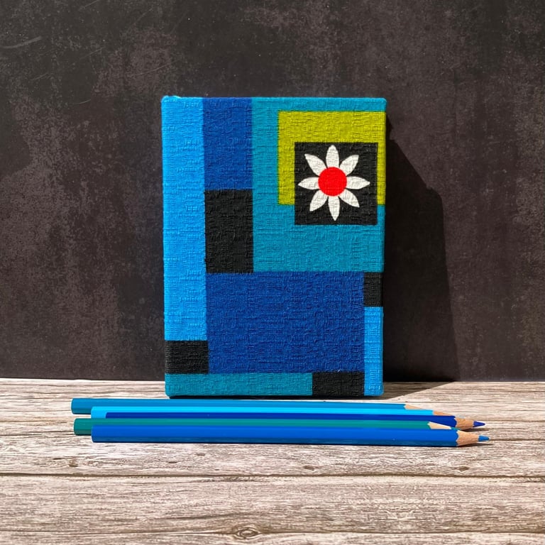 'Eleonore' Hand-Stitched A6 1960s Vintage Fabric Journal, Sketchbook,Turquoise