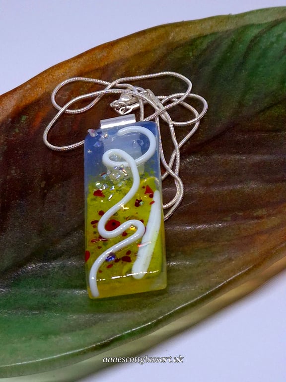 Handmade Fused Opaline Glass Pendant Necklace Poppy-field White Squiggle