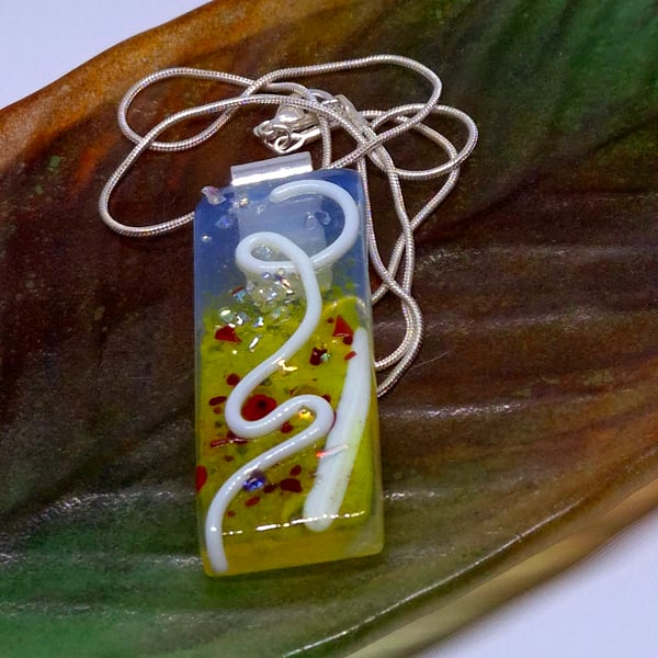 Handmade Fused Opaline Glass Pendant Necklace Poppy-field White Squiggle