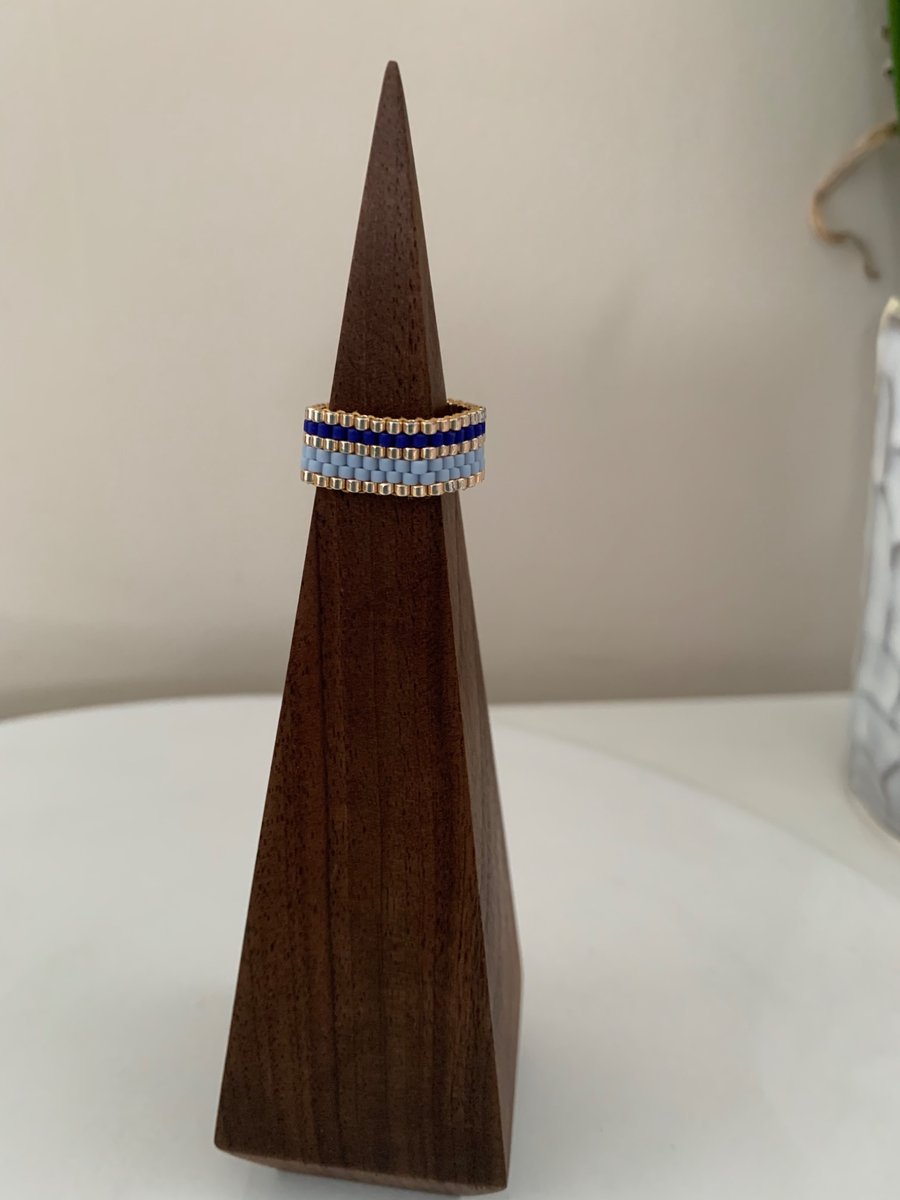 Colourful blue and gold beaded ring