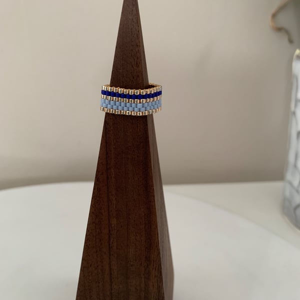 Colourful blue and gold beaded ring