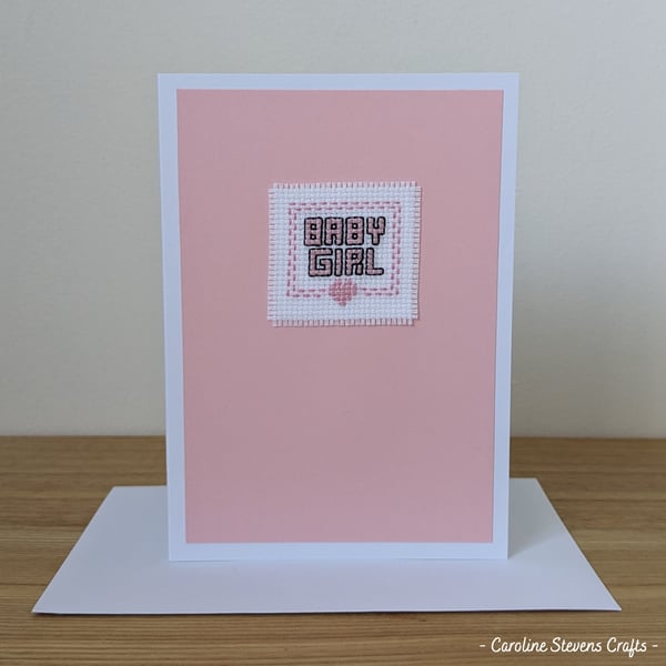 Baby girl heart card - Pastel pink cross stitch