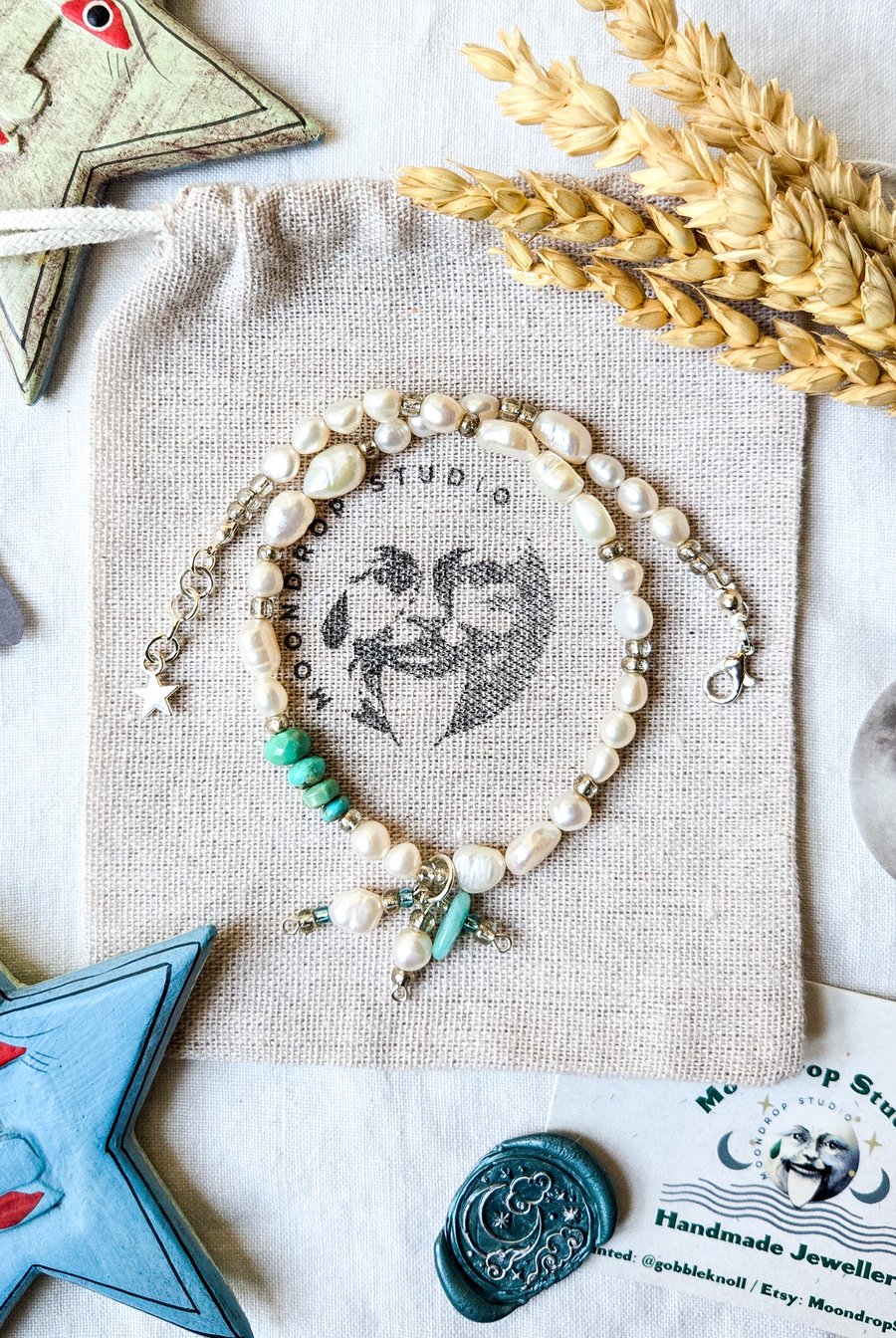 Celestial Freshwater Pearl & Turquoise Gemstone Necklace, Gift For Pisces