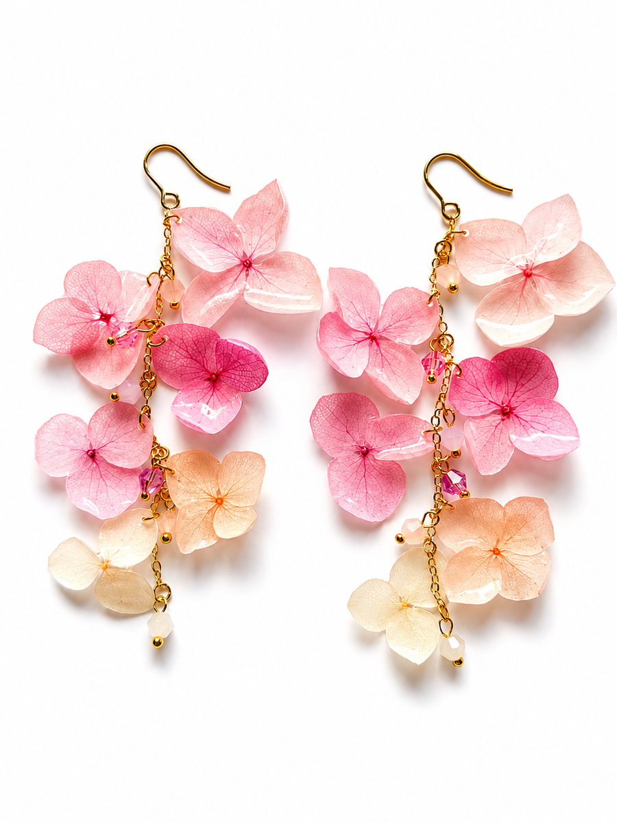 Real Hydrangea Cascade Earrings – Pink Pressed Flower Botanical Jewellery