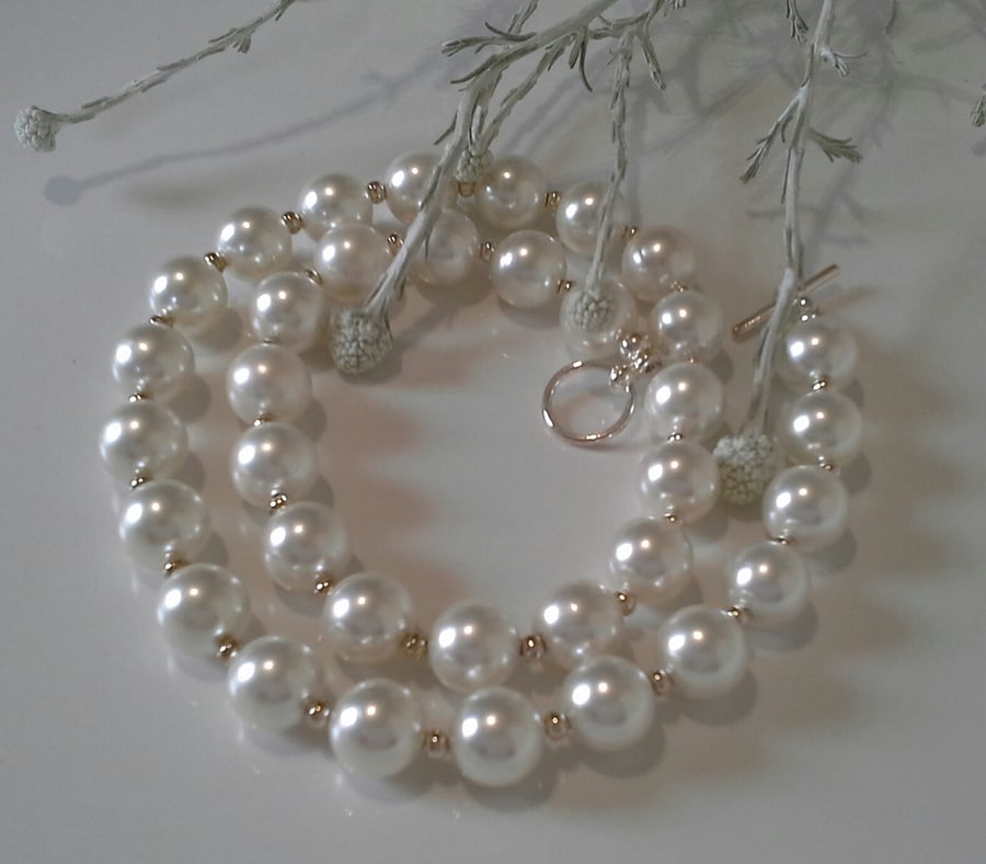 Large 12mm  White Shell Pearl Silver Plated Necklace