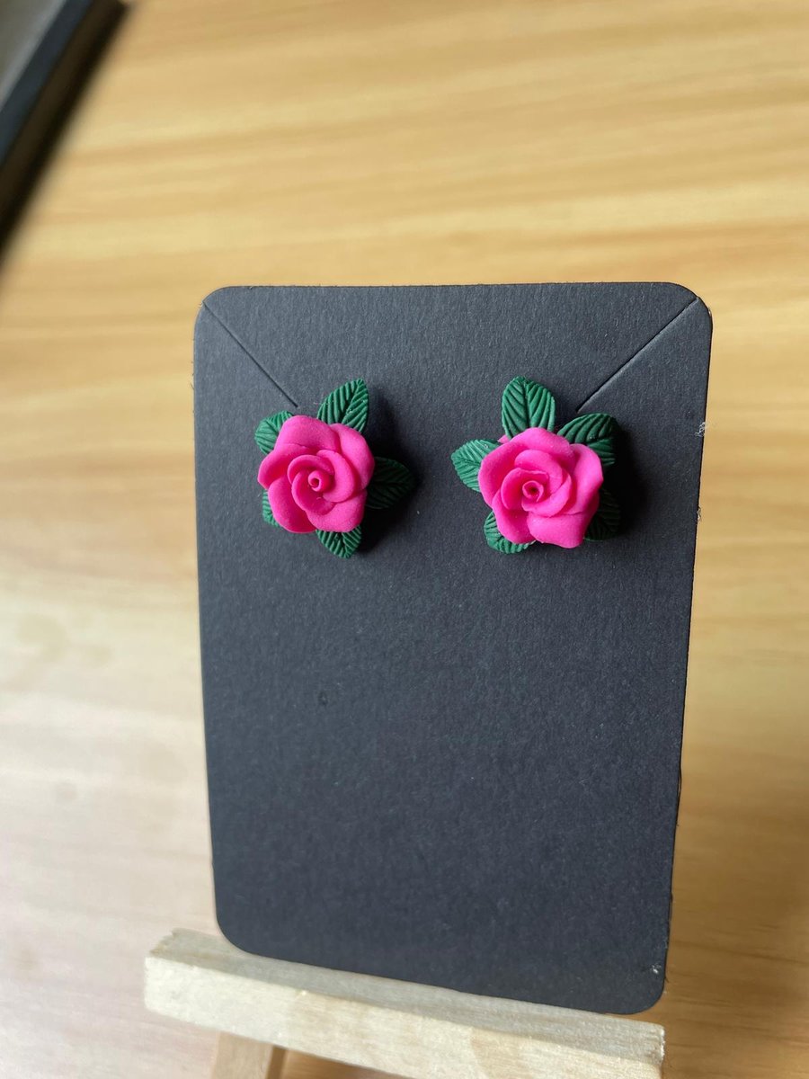 Polymer Clay Hot Pink Rose Flowers Ear Studs