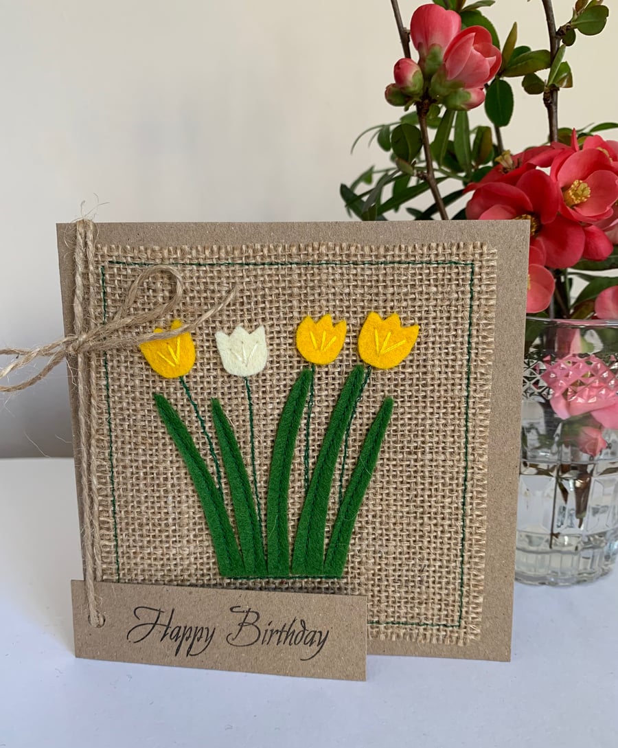 Birthday card. Yellow and cream flowers. Wool felt. Handmade Card.