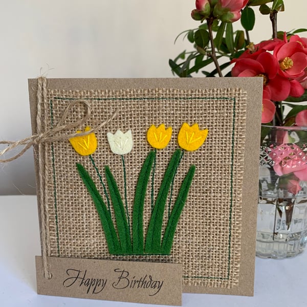 Birthday card. Yellow and cream flowers. Wool felt. Handmade Card.