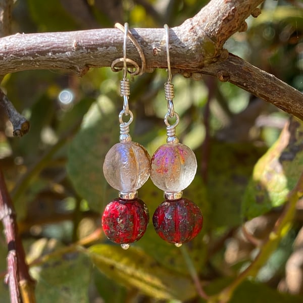 Deep Red Beaded & Sterling Silver Drop Earrings