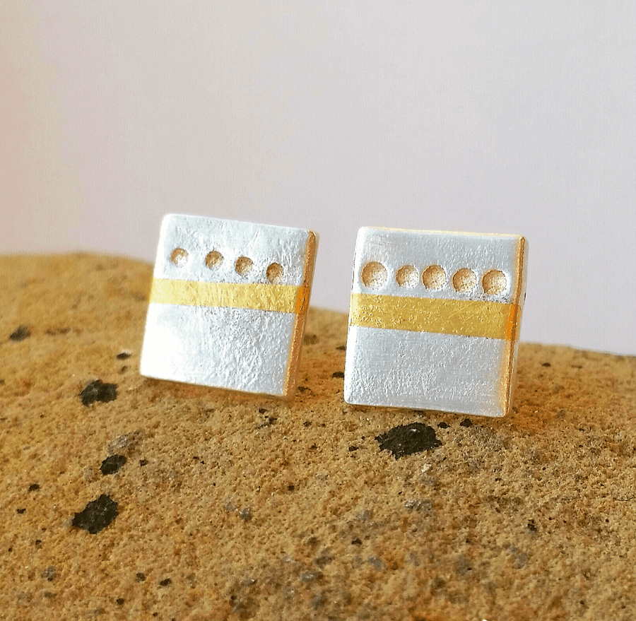 Contemporary  Handmade Minimal square Silver Stud Earrings With Gold Accent. 