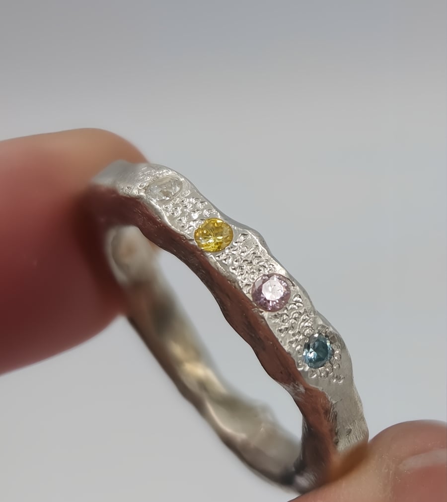 Hand-Forged Molten Silver Ring – Sterling Silver with Pastel CZ Gems