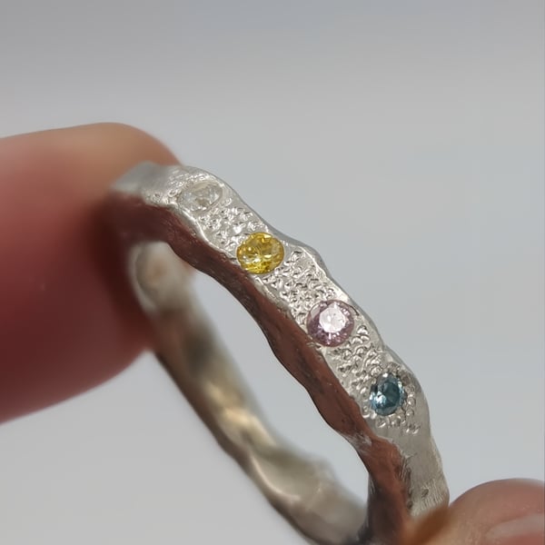 Hand-Forged Molten Silver Ring – Sterling Silver with Pastel CZ Gems