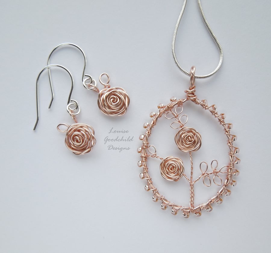 Rose Gold and silver pendant necklace and earrings set, unique wearable wire art
