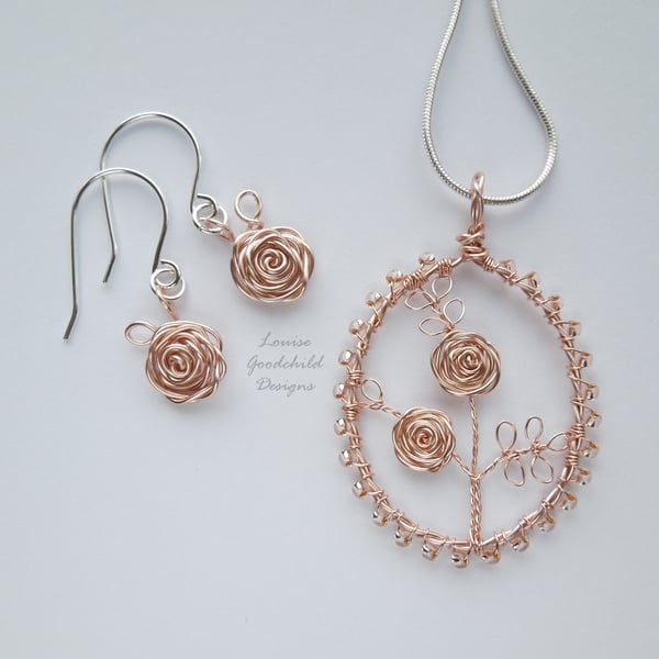 Rose Gold and silver pendant necklace and earrings set, unique wearable wire art