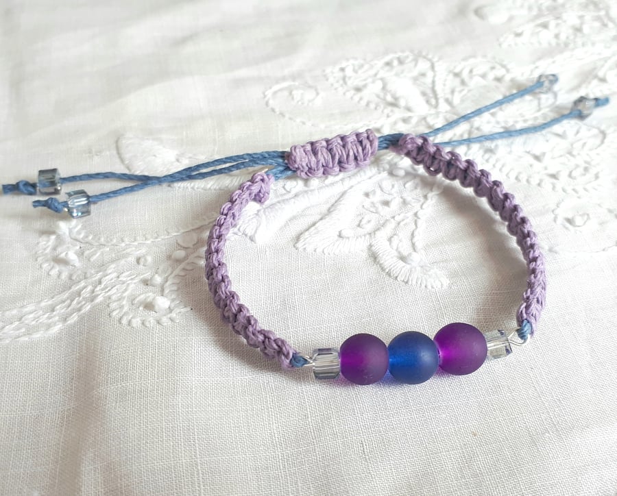 Purple and Blue Hemp and Glass Bead Macrame Bracelet