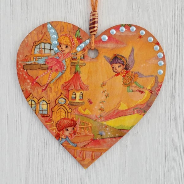 Decoupaged Wooden Hanging Heart 15cm (6”) Fairies design
