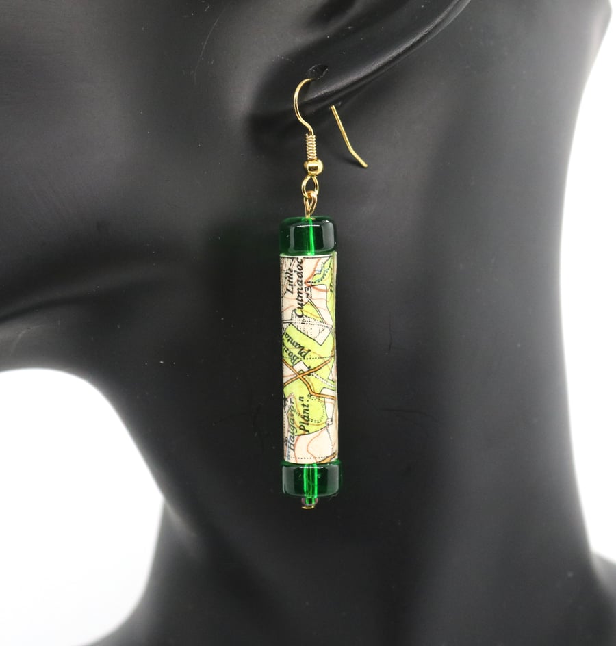 Tubular paper beaded earrings made with old OS map of Newquay and Padstow