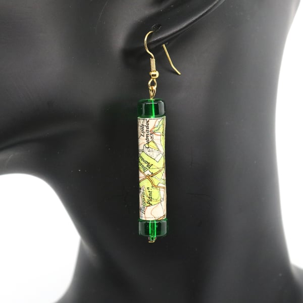 Tubular paper beaded earrings made with old OS map of Newquay and Padstow