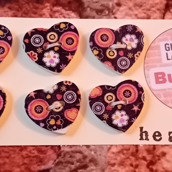 Set of Six Heart Buttons – Bold Retro Design