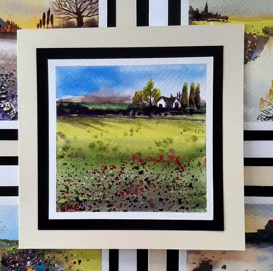 Handmade Blank Greetings Card, Notelet Of Summer Fields And Cottage. One Off
