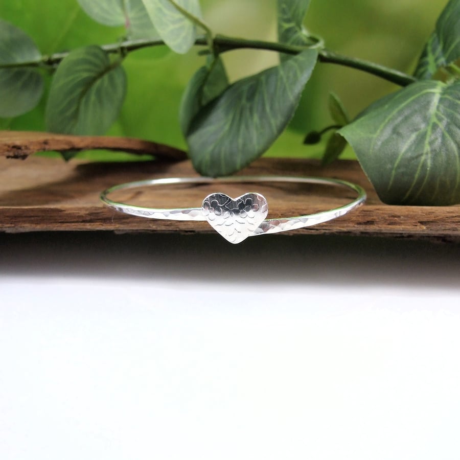 Sterling Silver Bangle with Floral Heart 