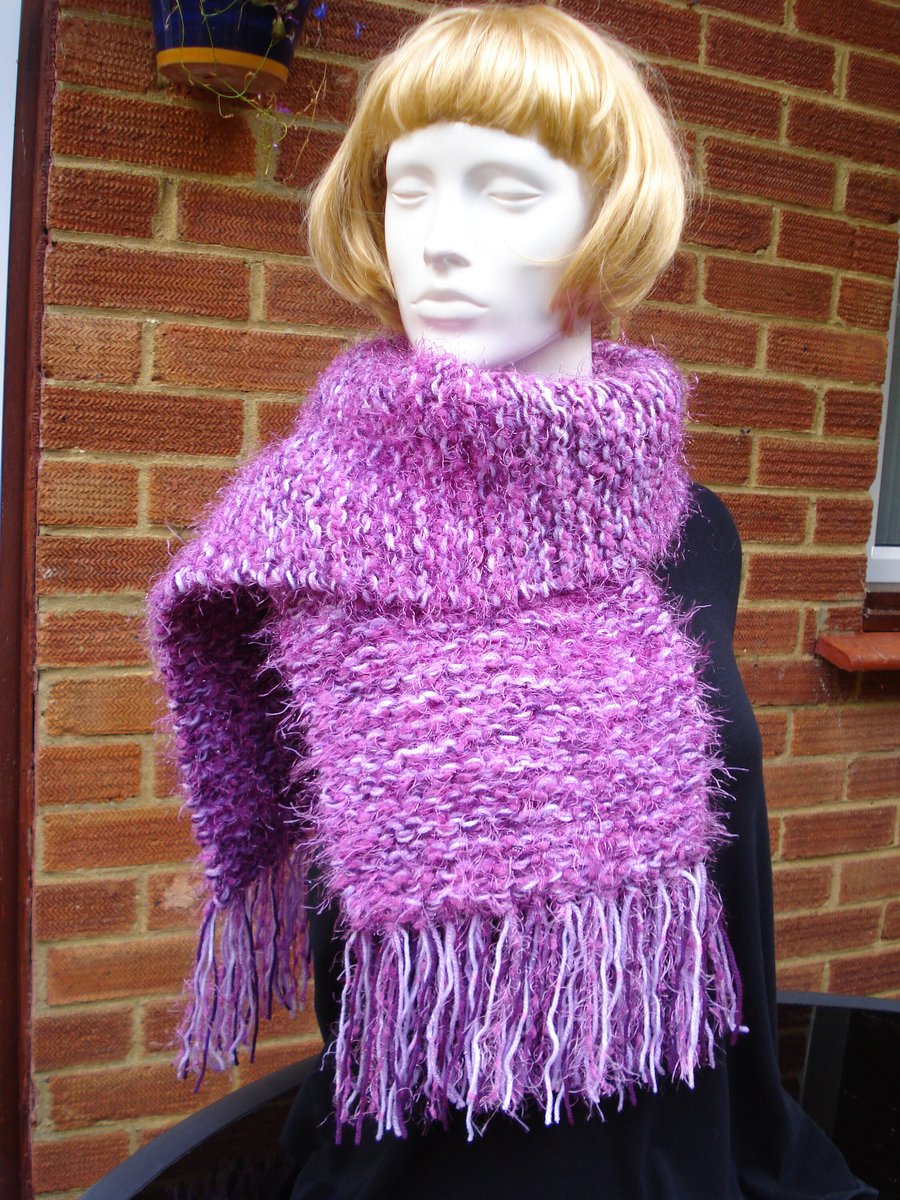 Five Yarn Scarf Knitted With Boucle Pink  And A Mix Of Purples And Lilac (R356)