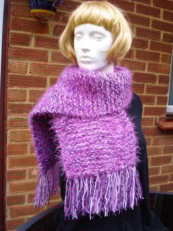 Five Yarn Scarf Knitted With Boucle Pink  And A Mix Of Purples And Lilac (R356)