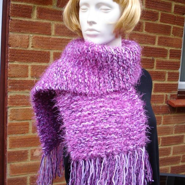 Five Yarn Scarf Knitted With Boucle Pink  And A Mix Of Purples And Lilac (R356)
