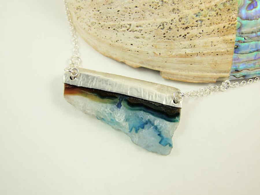 Druzy Agate Necklace, Sterling Silver with Rough Blue and White Druzy Agate 