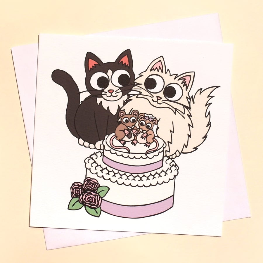 Wedding Card with Cat Bride and Groom and Cute Mice Q-WCT